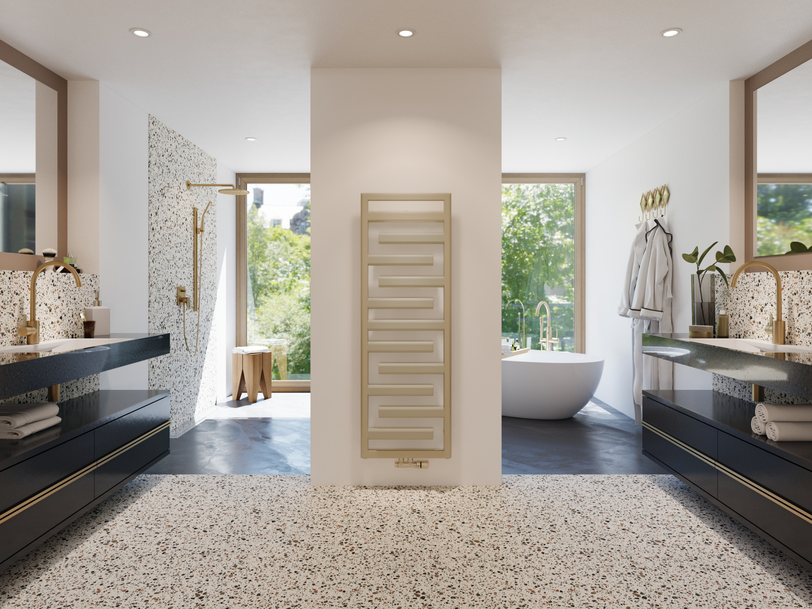 Zehnder_RAD_Tetris-HY_ValveTypeP_150-50_GoldenSand_bathroom_TerrazzoNoTowel Rendering Zehnder Tetris Decorative radiator Front view