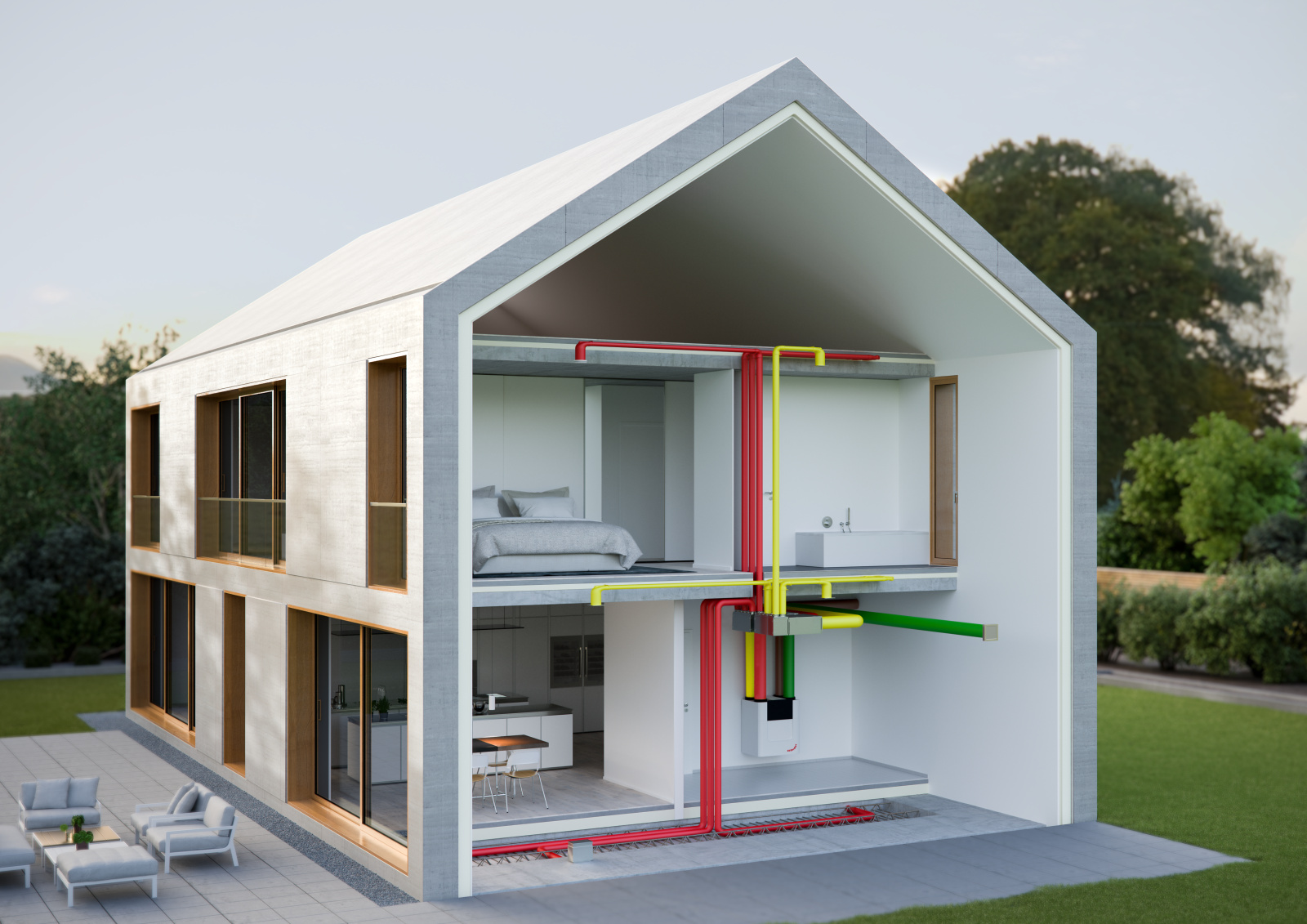Zehnder_CSY-House-Graphic-CAQ-ST-In-OnFloor-technical-room-garden Rendering Zehnder ComfoAir Q450 ST Comfortable indoor ventilation Side view