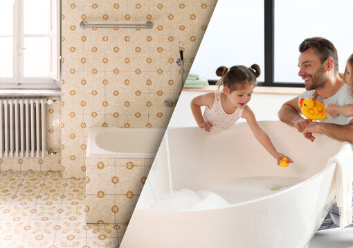 Zehnder_Expedition_Renovation_Bathroom_Visual_Familie_Badezimmer A two-part image showing an old bathroom with patterned tiles on the left and a modern, bright bathroom with a white bathtub on the right, in which an adult is playing with two children.