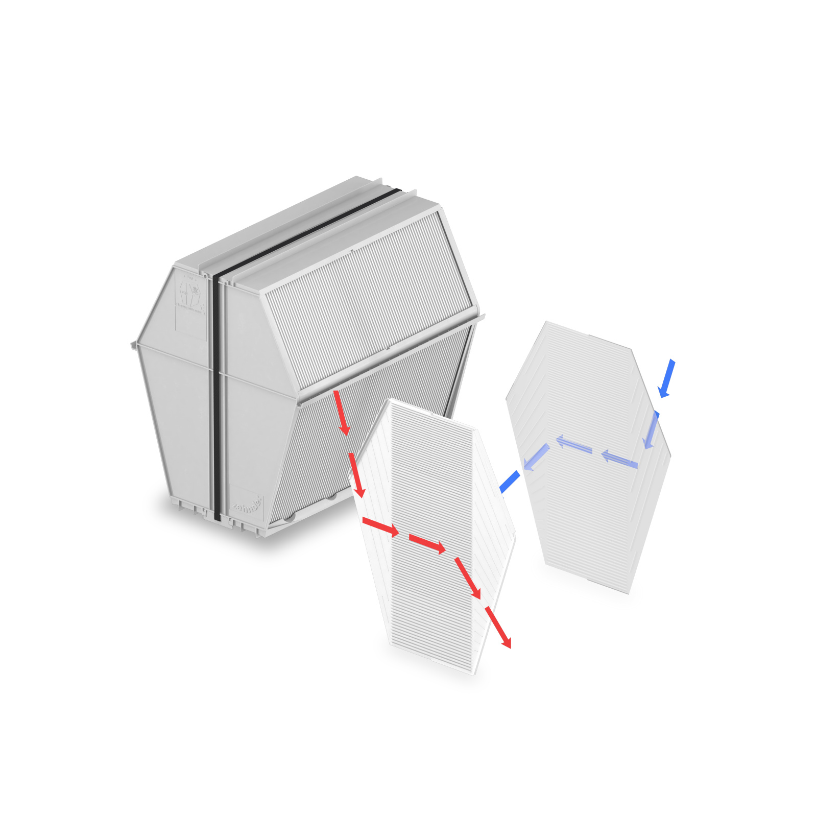 Zehnder_CSY_ComfoAirQ_Enthalpieexchanger_shadow Cut-Out Zehnder Enthalpie Exchanger for ComfoAir Comfortable indoor ventilation Angled view