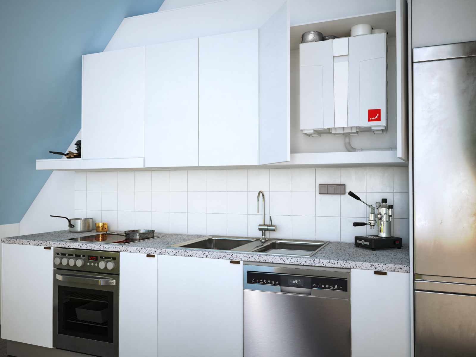 Zehnder_CSY_Greenwood_CA155_Milieu_Kitchen Greenwood, Zehnder, Milieu, Comfo Air 155, UK, Unit, kitchen, installed in shelf,