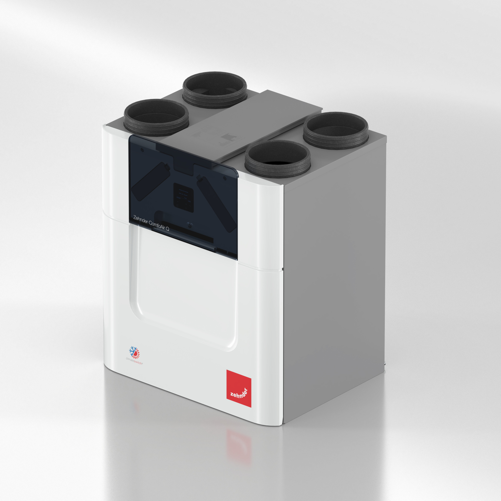 Zehnder_CSY_ComfoAirQFlatt_Background_Persp Cut-Out Zehnder ComfoAir Q450 ST Comfortable indoor ventilation Angled view