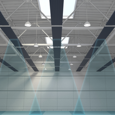 Radiant ceiling panel ZFP, In a warehouse hall, Blue night, Heat radiation, Graphic, Drawn optics,