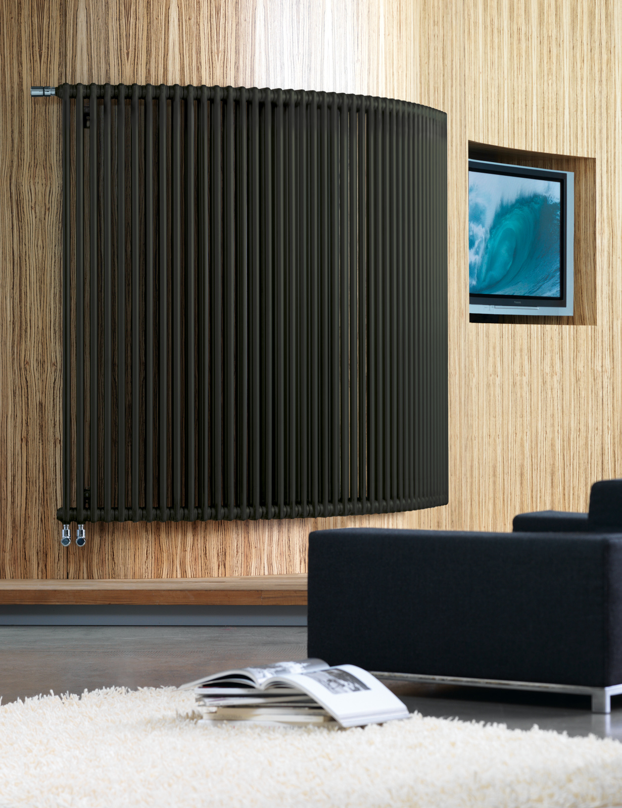 Zehnder_RAD_Charleston-HY_connection_bottom_left_thermostat_bended_umbragrey_living_1z1,3 Rendering Zehnder Charleston Decorative radiator